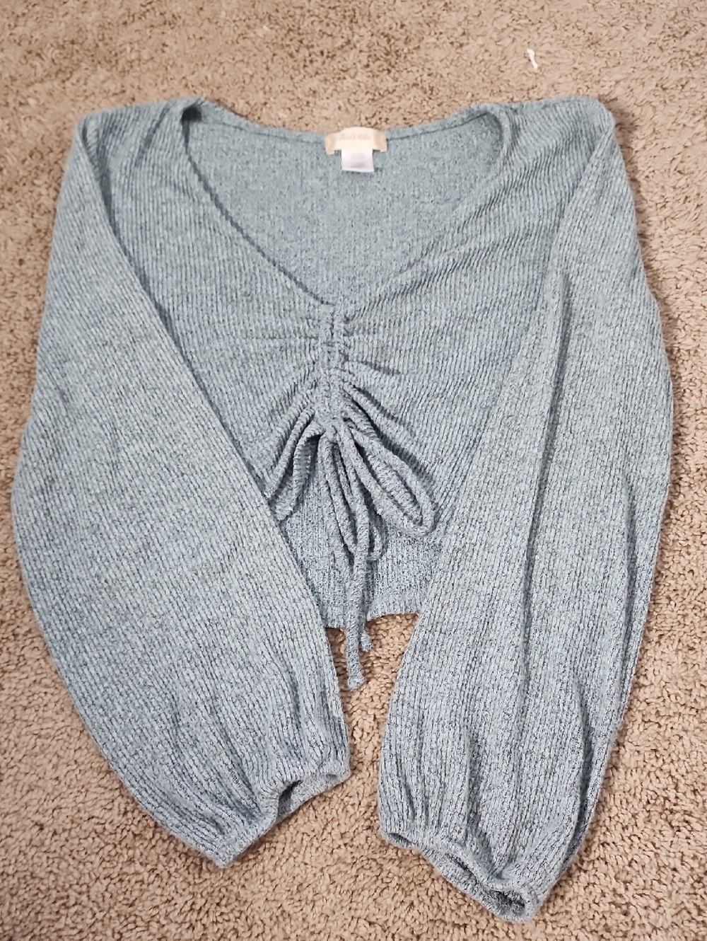 Altar'd State Dusty Blue Ruched V-Neck Drawstring Sweater